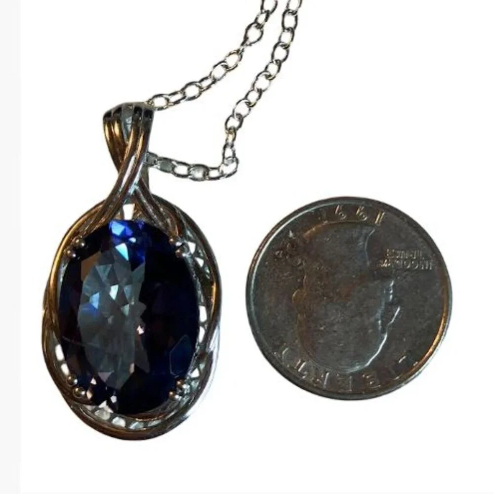 Handcrafted Multifaceted Simulated Sapphire With Silver Plated Chain